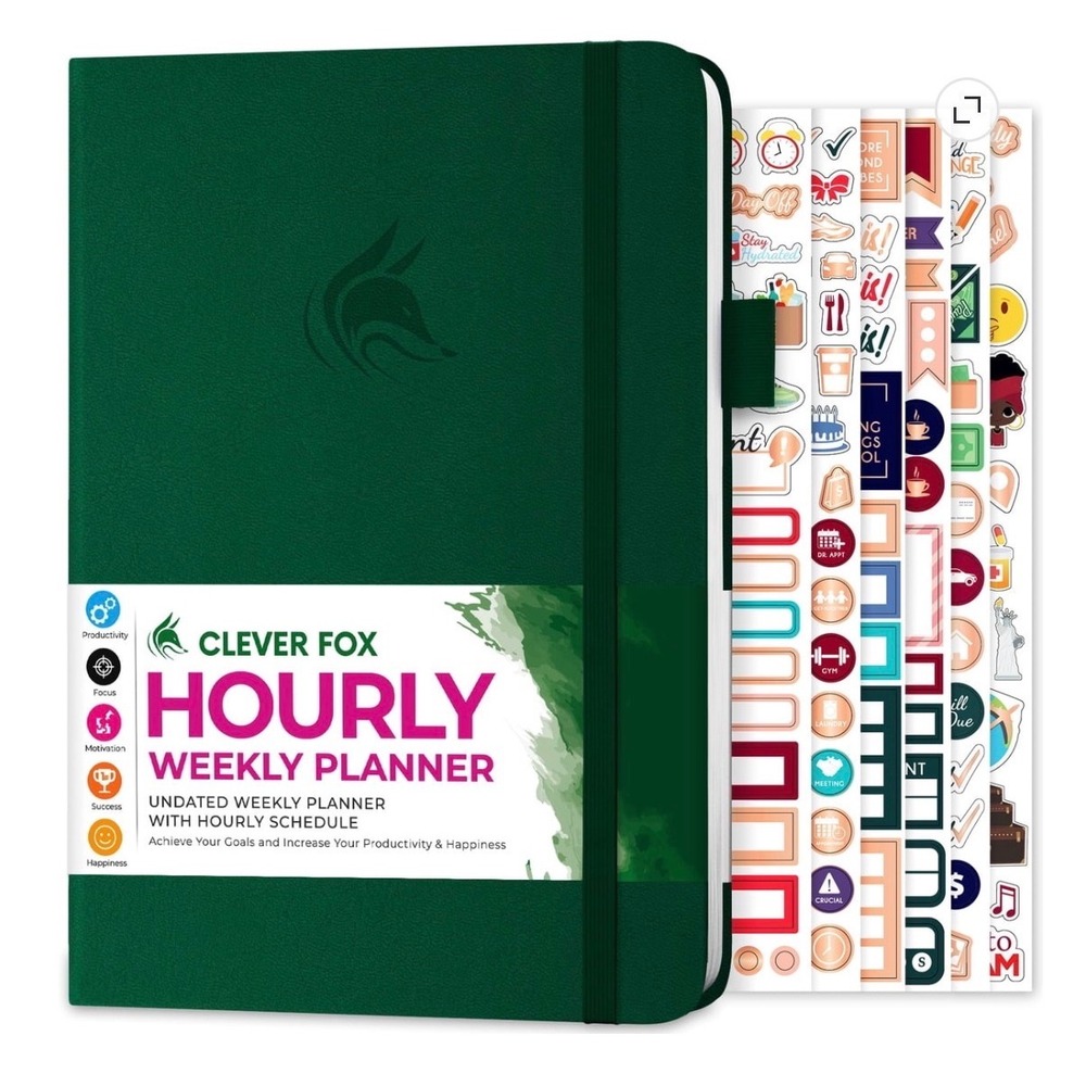Clever Fox Hourly Weekly Planner Undated Forest Green Organizer with Stickers